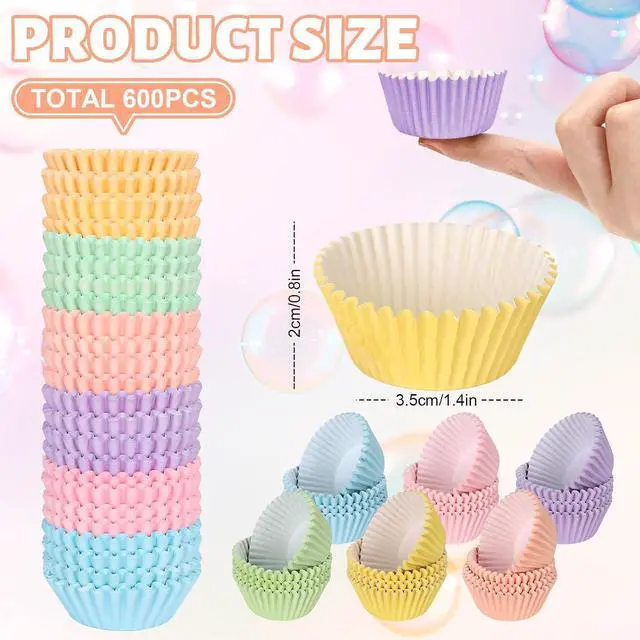 Alt view image 2 of 7 - Whaline 600Pcs Pastel Mini Cupcake Liners Colorful Baking Cups Pink Blue Purple Yellow Orange Green Muffin Cupcake Wrappers for Spring Easter Birthday Wedding Bride Baby Shower Party Supplies