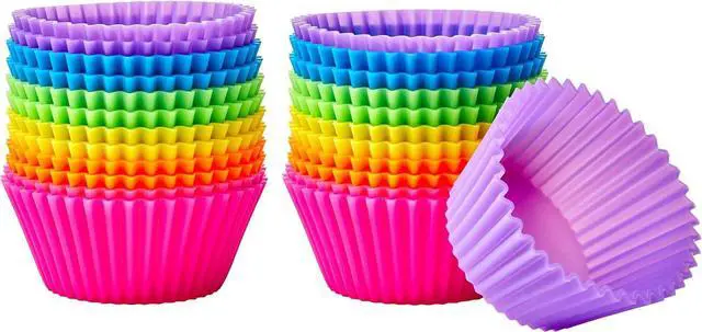Main image of Amazon Basics Reusable Non-Stick Silicone Baking Cups, BPA Free, Dishwasher Safe, Easy to Remove, Food Grade, Oven Safe, 2.9 x 2.9 x 1.3 in (LxWxH), Multicolor, 24-Pack