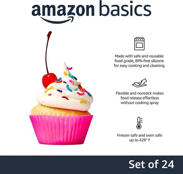 Alt view image 2 of 4 - Amazon Basics Reusable Non-Stick Silicone Baking Cups, BPA Free, Dishwasher Safe, Easy to Remove, Food Grade, Oven Safe, 2.9 x 2.9 x 1.3 in (LxWxH), Multicolor, 24-Pack