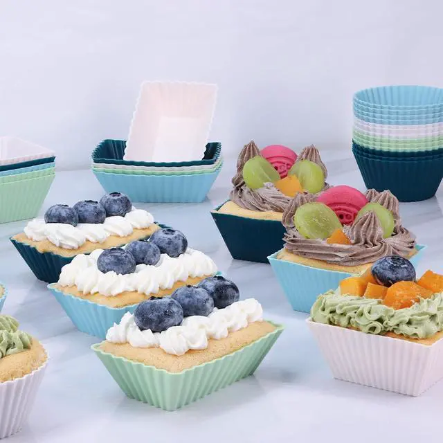 Alt view image 3 of 7 - 24Pack Silicone Muffin Cups, Reusable Cupcake Liners Molds for Baking, 3 Shapes Lunch Box Bento Dividers-Round, Square, and Rectangular (Neutral Colors, Regular Size)