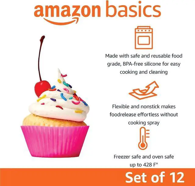 Alt view image 2 of 5 - Amazon Basics Reusable Non-Stick Silicone Baking Cups, BPA Free, Muffin Liners, Dishwasher Safe, Microwave and Oven Safe, 2.9 x 2.9 x 1.3 in (LxWxH), Multicolor, 12-Pack