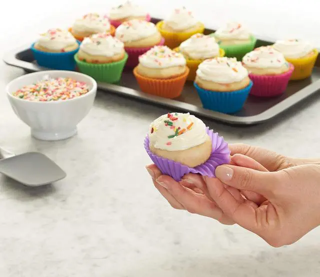 Alt view image 4 of 4 - Amazon Basics Reusable Non-Stick Silicone Baking Cups, BPA Free, Dishwasher Safe, Easy to Remove, Food Grade, Oven Safe, 2.9 x 2.9 x 1.3 in (LxWxH), Multicolor, 24-Pack