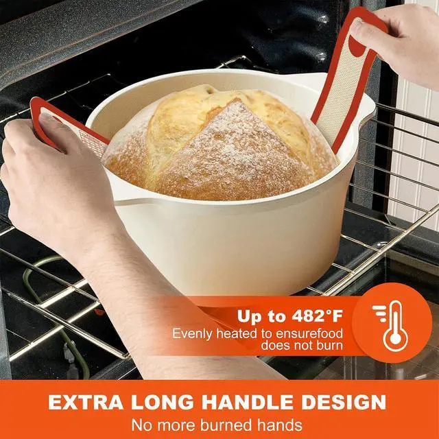 Alt view image 6 of 7 - PLAPITATE Silicone Bread Sling Dutch Oven Liner, Non-Stick & Easy Clean Reusable Oval and Round Silicone Bread Baking Mat with Long Handles, Easy to Transfer Sourdough Bread - 2 Red Set