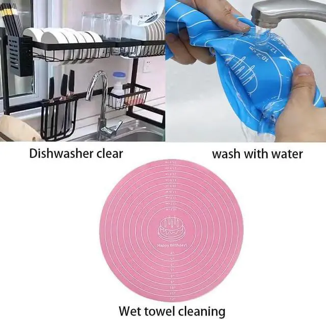 Alt view image 3 of 5 - 3 Pcs Silicone Cake Mats, 12 Inch Round Silicone Baking Mat with Measurements Reusable Non-Stick Non-Slip Heat Resistant Cookie Mat for Cake Turntable Pizza Dough Pastry Rolling (Pink, Blue, Green)