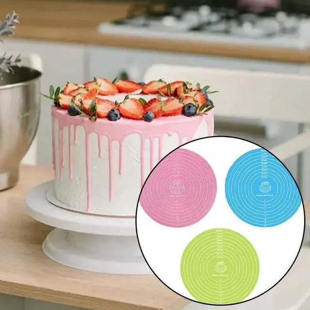 Alt view image 5 of 5 - 3 Pcs Silicone Cake Mats, 12 Inch Round Silicone Baking Mat with Measurements Reusable Non-Stick Non-Slip Heat Resistant Cookie Mat for Cake Turntable Pizza Dough Pastry Rolling (Pink, Blue, Green)