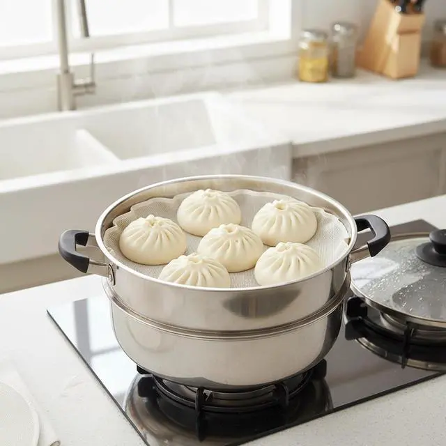 Alt view image 5 of 7 - 12 Pieces Round Cotton Yarn Steamer Cloth Round Dumplings Buns Mat Steamed Pad Reusable Non Stick Household Steamer Liners Cloth 12 Inch Mesh Mat Pad for Baking Cooking Home Kitchen Cooking