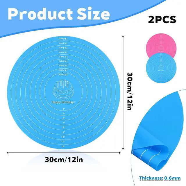 Alt view image 3 of 7 - 2Pcs Silicone Cake Mat,12 Inch Round Baking Mat with Measurements Reusable Turntable Pastry Mats for Rolling Out Dough Cake Pizza and Cookies (Pink&Blue)