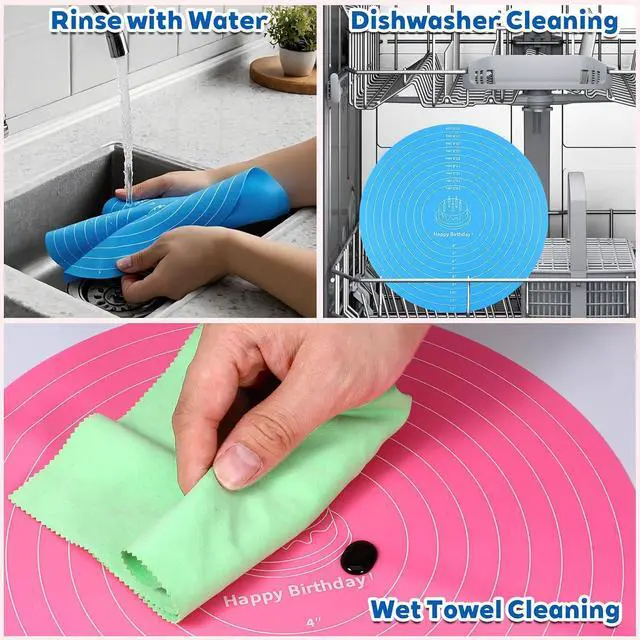 Alt view image 6 of 7 - 2Pcs Silicone Cake Mat,12 Inch Round Baking Mat with Measurements Reusable Turntable Pastry Mats for Rolling Out Dough Cake Pizza and Cookies (Pink&Blue)