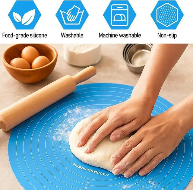 Alt view image 5 of 7 - 2Pcs Silicone Cake Mat,12 Inch Round Baking Mat with Measurements Reusable Turntable Pastry Mats for Rolling Out Dough Cake Pizza and Cookies (Pink&Blue)