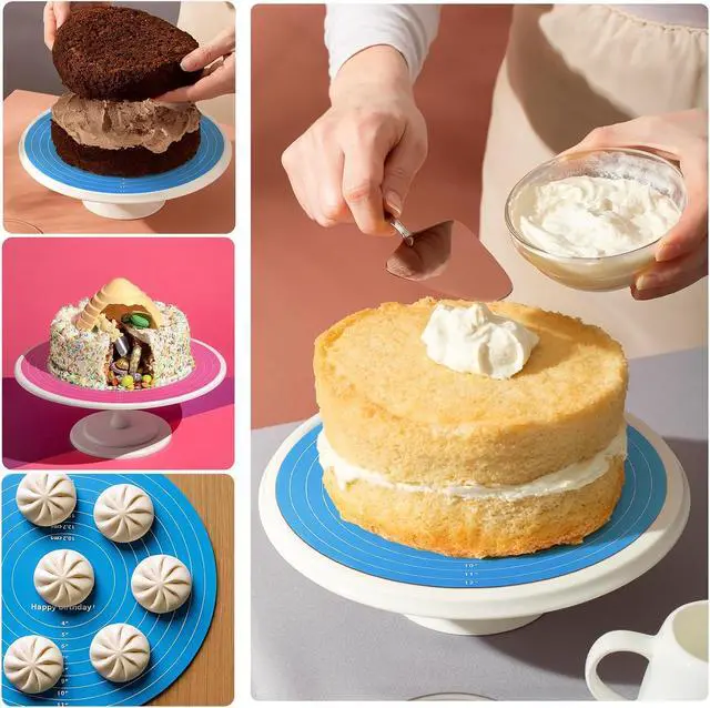 Alt view image 4 of 7 - 2Pcs Silicone Cake Mat,12 Inch Round Baking Mat with Measurements Reusable Turntable Pastry Mats for Rolling Out Dough Cake Pizza and Cookies (Pink&Blue)