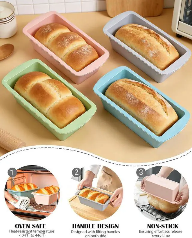 Alt view image 4 of 6 - Mini Silicone Bread Loaf Pan, 4 Pcs, Non-Stick Baking Molds for Bread, Cake, Meatloaf, 7.5" L x 3.7" W x 2.1" H, Flexible Silicone Baking Molds for Bread, Cake, Meatloaf