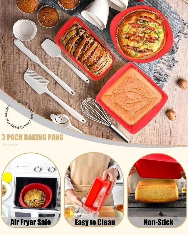 Alt view image 3 of 7 - Silicone Baking Pans Sets - Nonstick Silicone Bakeware Set with Bread Loaf Pan, Square/Round Cake Pan - Oven & Dishwasher Safe