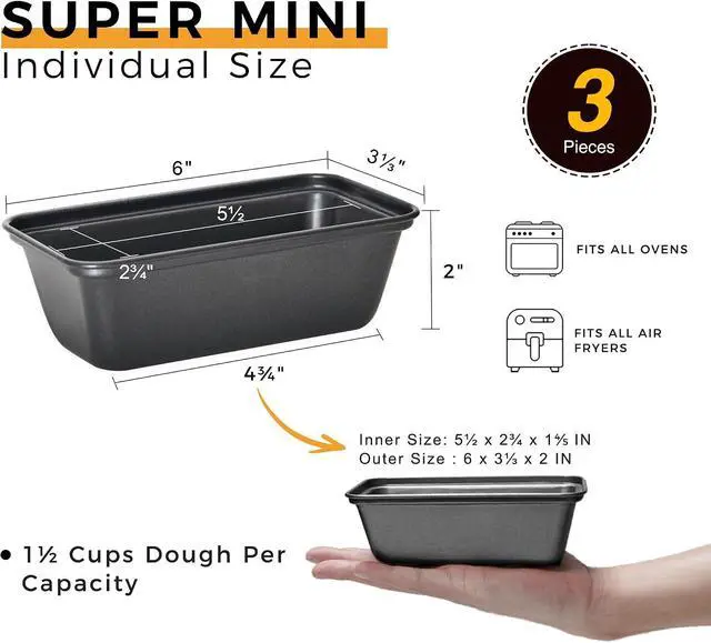 Alt view image 2 of 7 - HONGBAKE Mini Loaf Pan for Baking Bread, 6 x 3.3 x 2 In Nonstick Small Banana Bread Tins Set of 3, Tiny Carbon Steel Meatloaf Pan - Dark Grey
