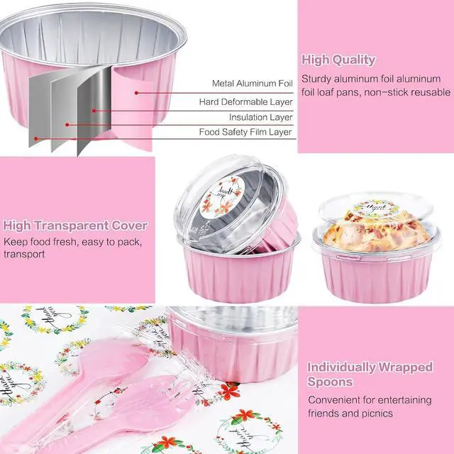 Alt view image 3 of 7 - 30Pcs Mini Cake Pans with Lids Aluminum Foil, ZOXILEN 5oz Disposable Mini Loaf pans with Lids and Spoons, Small Baking Cups Pie Tins Muffin Pan Cheesecake Containers for Party Pink Round