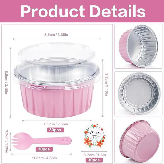 Alt view image 2 of 7 - 30Pcs Mini Cake Pans with Lids Aluminum Foil, ZOXILEN 5oz Disposable Mini Loaf pans with Lids and Spoons, Small Baking Cups Pie Tins Muffin Pan Cheesecake Containers for Party Pink Round