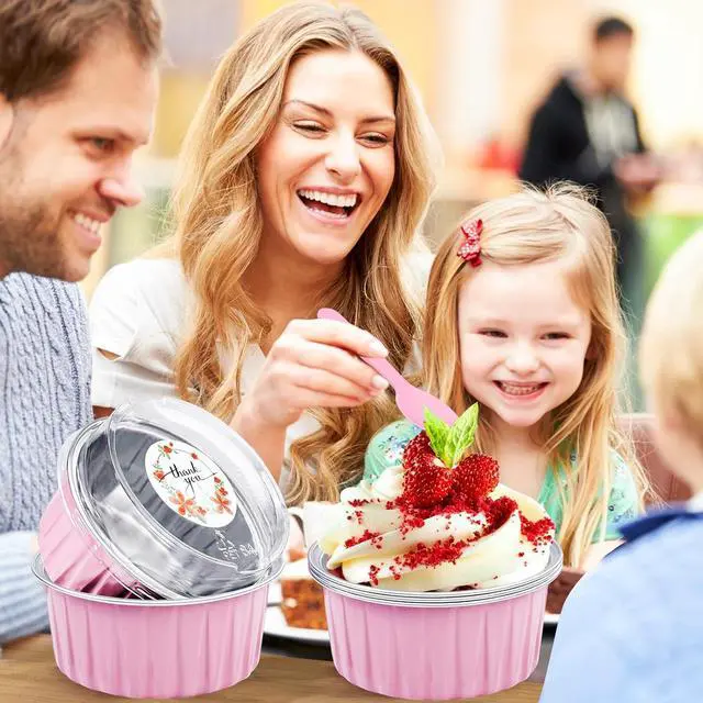 Alt view image 4 of 7 - 30Pcs Mini Cake Pans with Lids Aluminum Foil, ZOXILEN 5oz Disposable Mini Loaf pans with Lids and Spoons, Small Baking Cups Pie Tins Muffin Pan Cheesecake Containers for Party Pink Round