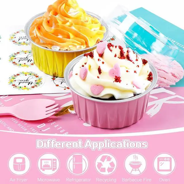 Alt view image 5 of 7 - 30Pcs Mini Cake Pans with Lids Aluminum Foil, ZOXILEN 5oz Disposable Mini Loaf pans with Lids and Spoons, Small Baking Cups Pie Tins Muffin Pan Cheesecake Containers for Party Pink Round