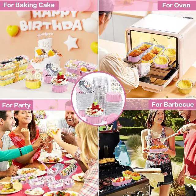 Alt view image 6 of 7 - 30Pcs Mini Cake Pans with Lids Aluminum Foil, ZOXILEN 5oz Disposable Mini Loaf pans with Lids and Spoons, Small Baking Cups Pie Tins Muffin Pan Cheesecake Containers for Party Pink Round