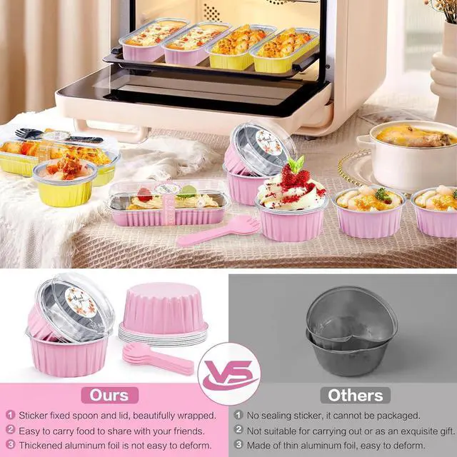 Alt view image 7 of 7 - 30Pcs Mini Cake Pans with Lids Aluminum Foil, ZOXILEN 5oz Disposable Mini Loaf pans with Lids and Spoons, Small Baking Cups Pie Tins Muffin Pan Cheesecake Containers for Party Pink Round