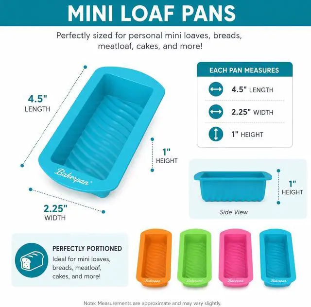 Alt view image 2 of 6 - Bakerpan 4 Pack Silicone Mini Loaf Pans for Baking - 4.5 Inch Reusable Molds for Banana Bread, Pound Cake, Bread Loaves & Mini Cakes - Non-Stick, BPA-Free