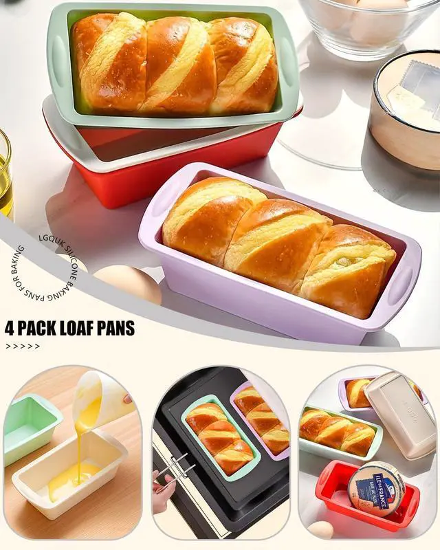 Alt view image 4 of 7 - Mini Silicone Bread Loaf Pan, Non-Stick Bread Pans for Baking,Flexible Silicone Baking Molds for Bread, Cake, Meatloaf Size: 7.5''L x 3.7''W x 2.1''H (4PCS-Red+Green+White+Purple)