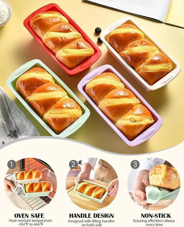Alt view image 3 of 7 - Mini Silicone Bread Loaf Pan, Non-Stick Bread Pans for Baking,Flexible Silicone Baking Molds for Bread, Cake, Meatloaf Size: 7.5''L x 3.7''W x 2.1''H (4PCS-Red+Green+White+Purple)