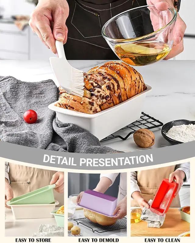 Alt view image 5 of 7 - Mini Silicone Bread Loaf Pan, Non-Stick Bread Pans for Baking,Flexible Silicone Baking Molds for Bread, Cake, Meatloaf Size: 7.5''L x 3.7''W x 2.1''H (4PCS-Red+Green+White+Purple)