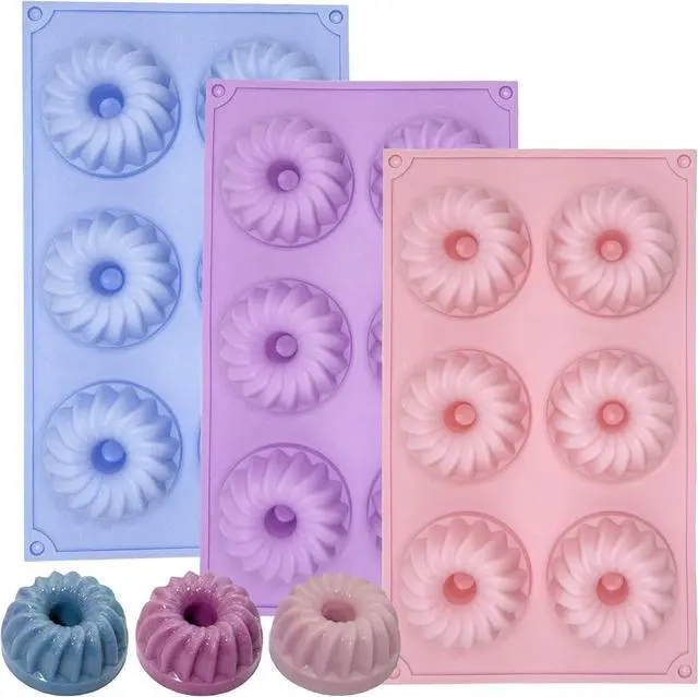 Main image of LGQUK Jello Molds 3pcs Silicone Fluted Tube Cake Pans, 6-Cavity Non Stick Silicone Baking Molds for Cupcake, Donuts,Muffin, Cornbread, Brownie, Jellies (Purple+Blue+Pink, Fluted Tube)