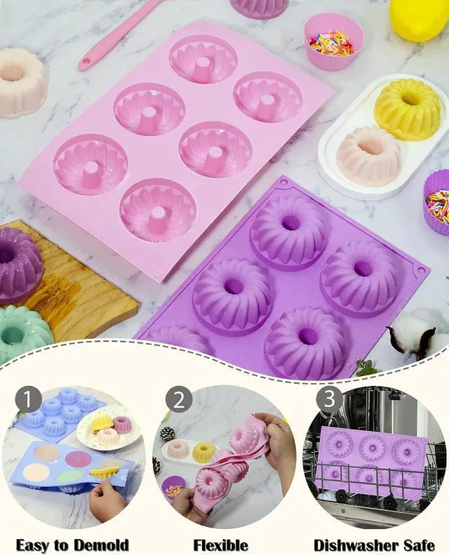 Alt view image 4 of 6 - LGQUK Jello Molds 3pcs Silicone Fluted Tube Cake Pans, 6-Cavity Non Stick Silicone Baking Molds for Cupcake, Donuts,Muffin, Cornbread, Brownie, Jellies (Purple+Blue+Pink, Fluted Tube)