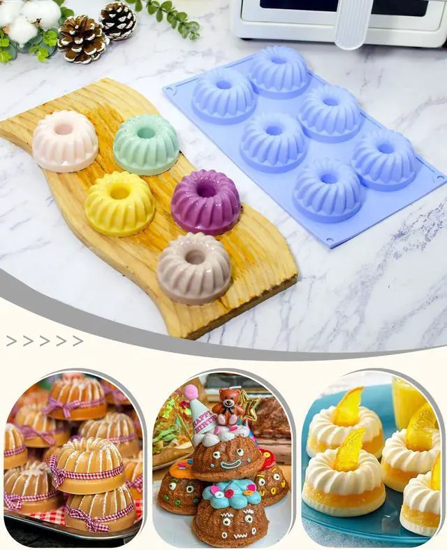 Alt view image 5 of 6 - LGQUK Jello Molds 3pcs Silicone Fluted Tube Cake Pans, 6-Cavity Non Stick Silicone Baking Molds for Cupcake, Donuts,Muffin, Cornbread, Brownie, Jellies (Purple+Blue+Pink, Fluted Tube)