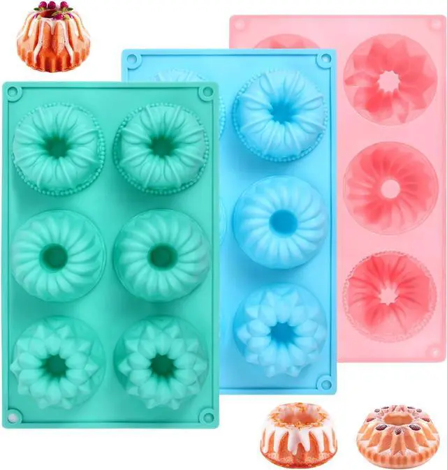 Main image of 3PCS Mini Bundt Cake Pans for Baking, Non-stick 6 Cavity Silicone Bundt Cake Pan Molds, Multipurpose Molds for Cupcakes Brownies Jellies with Even Heat Transfer Feature for Home Baking(3 Styles)