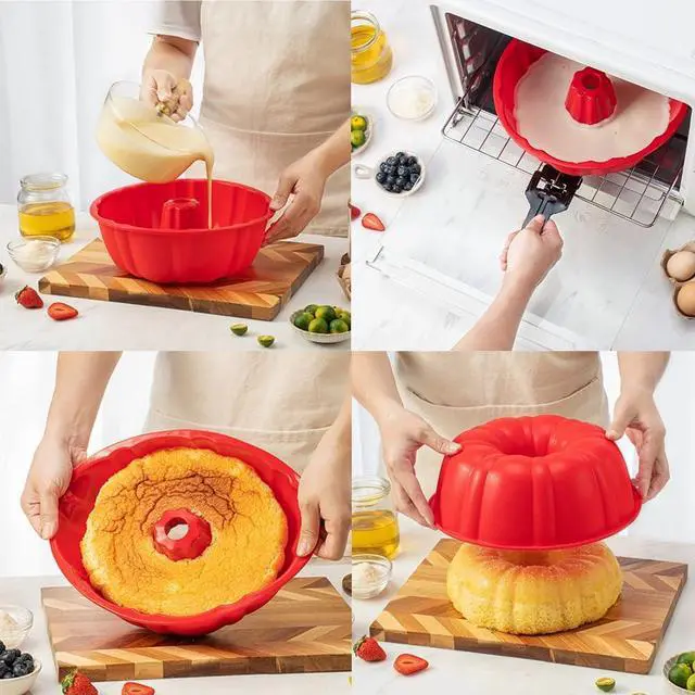 Alt view image 2 of 6 - 10 Inch Round Silicone Cake Pan, Non-Stick Silicone Baking Mold, Bakeware for Cake, Jello, Gelatin (Red, 1 Pack)