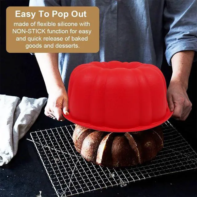 Alt view image 5 of 6 - 10 Inch Round Silicone Cake Pan, Non-Stick Silicone Baking Mold, Bakeware for Cake, Jello, Gelatin (Red, 1 Pack)