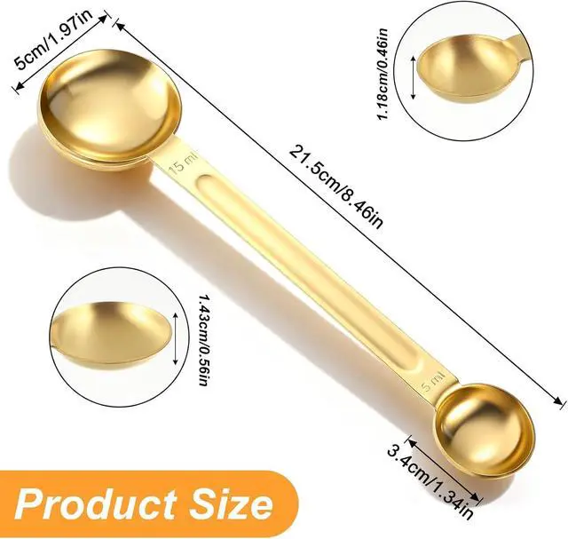 Alt view image 2 of 7 - Double Sided Coffee Measuring Spoon, Stainless Steel Teaspoon Scoop 1 Tsp (5ml) and 1 Tbsp (15ml) Tablespoon Measuring Spoon, Dual-Measure Long-Handle Spoons for Kitchen Sugar Baking Precise Gold