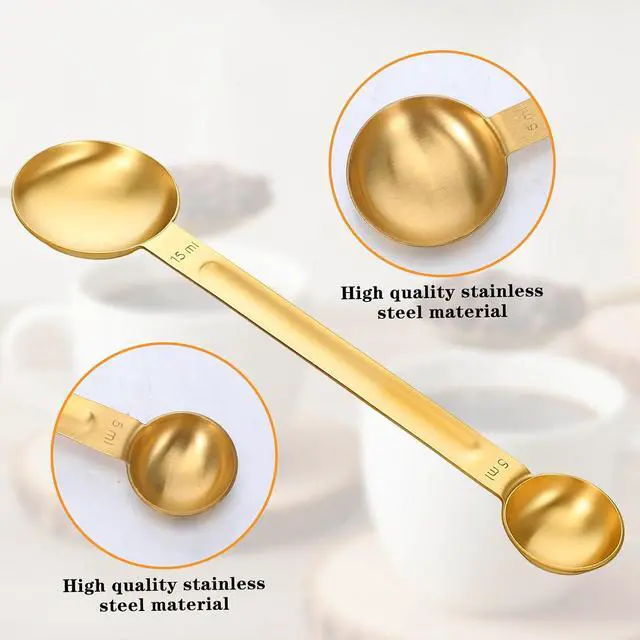 Alt view image 3 of 7 - Double Sided Measuring Spoon, Stainless Steel Coffee Scoop 1 Tsp (5ml) & 1 Tbsp (15ml) Dual-Measure Long-Handled Metal Measuring Spoons Kitchen Gadgets Teaspoon Scoop for Baking, Cooking (Gold)