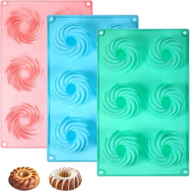 Main image of 3 PCS Mini Bundt Cake Pans for Baking, 6-Cavity Fluted Tubular Mini Cake Pans, Silicone Molds for Baking, Ideal for Brownies, Cookies, Cupcakes, Jellies, Muffins, Donuts(Spiral Shape)