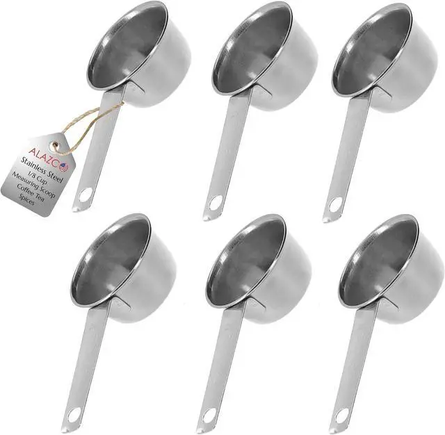 Main image of 6pc STAINLESS STEEL ALAZCO COFFEE MEASURING SCOOP 1/8 CUP - Kitchen Baking Cooking Measuring Scoop Spice Herbs Salt Sugar Flour Cocoa Protein Powder Keto Cream Scoop