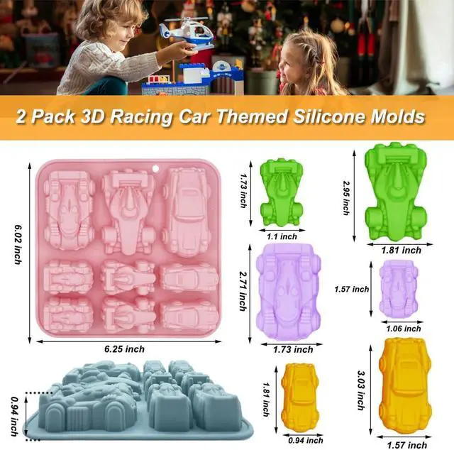 Alt view image 2 of 7 - 2 Pack Cute Car Silicone Molds 3D Race Car Themed Baking Mould Tray DIY Baking Tool for Crayons Chocolate Cake Dessert Candy Mousse Pastry Handmade Soap Cupcake Topper