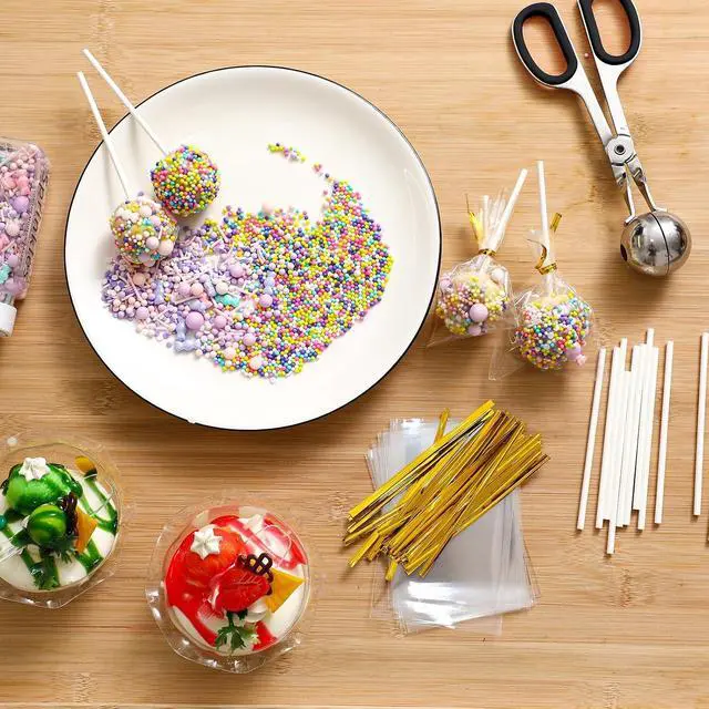 Alt view image 7 of 7 - Yinkin Cake Pop Kit 100 Bags 100 Sticks Ties Scooper for Lollipop,Black