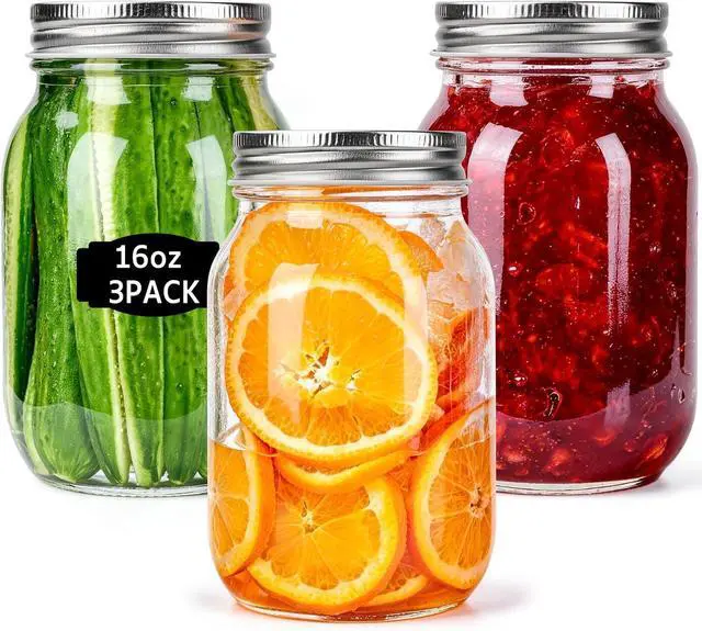 Main image of 16oz Mason Jars with Lids, 3 Pack Regular Mouth Glass Canning Jar
