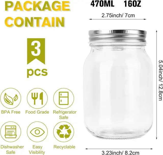 Alt view image 2 of 7 - 16oz Mason Jars with Lids, 3 Pack Regular Mouth Glass Canning Jar