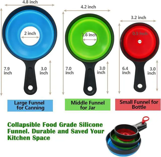 Alt view image 3 of 7 - KongNai Canning Funnel for Wide and Regular JarsWide Mouth Funnels Sets of 3, Large for Mason Jar, Food Grade Collapsible Silicone Kitchen Accessories for Transfer Jam, Juice, Spices and Oil