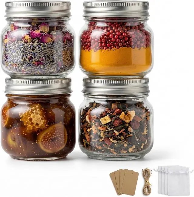 Main image of 8 oz Mason Jars with Airtight Silver Lids - 4 Pack Small Glass Jars - Thickened Wide Mouth Canning Jars for Spell Jars, Candle Making, Premium Spices & Bathroom Vanity Decor