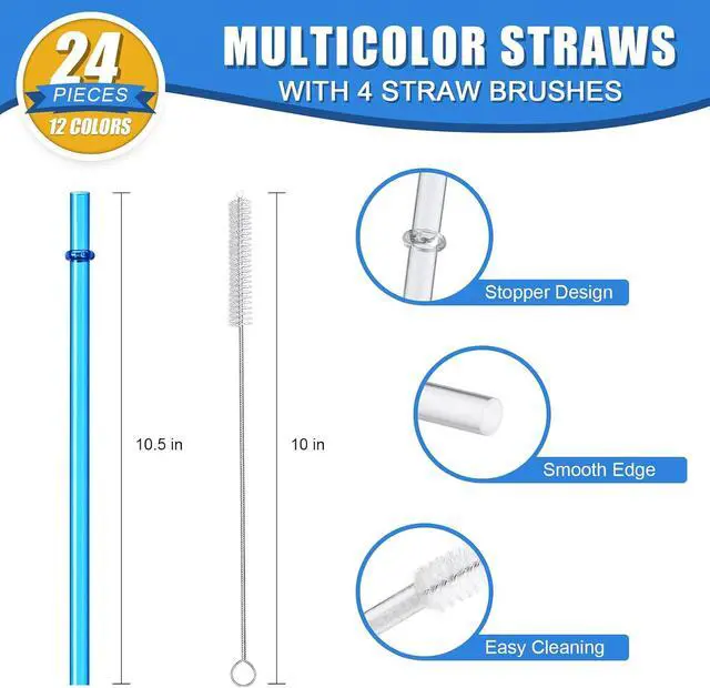 Alt view image 3 of 7 - 24 PCS, Reusable Straws with 4 Brushes, 10.5" Long Tritan Hard Plastic Straws, 12 Colors Translucent Replacement Drinking for 16OZ-32 OZ Tumblers, Cups, Jars, Stanley, YETI, Starbucks, BPA Free