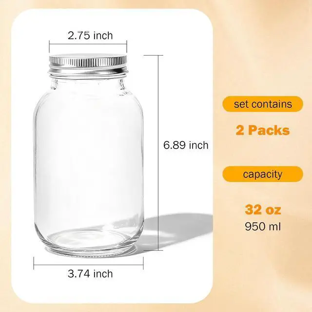 Alt view image 2 of 7 - Mason Jars with Lids 32oz, 2 Pack Regular Mouth Glass Canning Jar Container