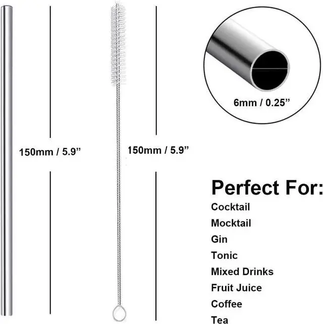 Alt view image 2 of 7 - Cocktail Straws Short Stainless Steel Straw 6 Inch, Reusable Metal Small Mini Bar Drinking Straws Set with Cleaner Brush for Cocktails Rock Gin Glass Coffee Mason Jar Tumblers Juice Box, Silver 8 Pcs