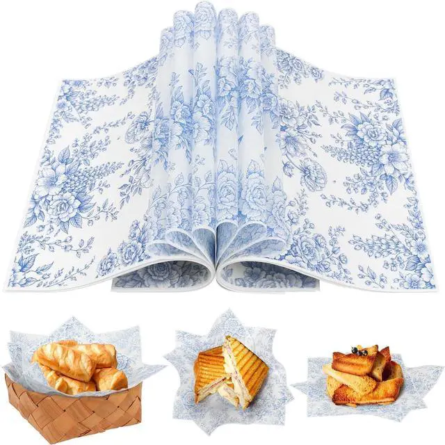 Main image of LOAVER 150 Pcs Blue Floral Wax Paper Sheets for Food,Chinoiserie Flower Greaseproof Wrapping Tissue Deli Parchment Baking Paper for Cookies Picnic Sandwich Liners Kicthen Supplies(8.66 x 9.84 Inch)