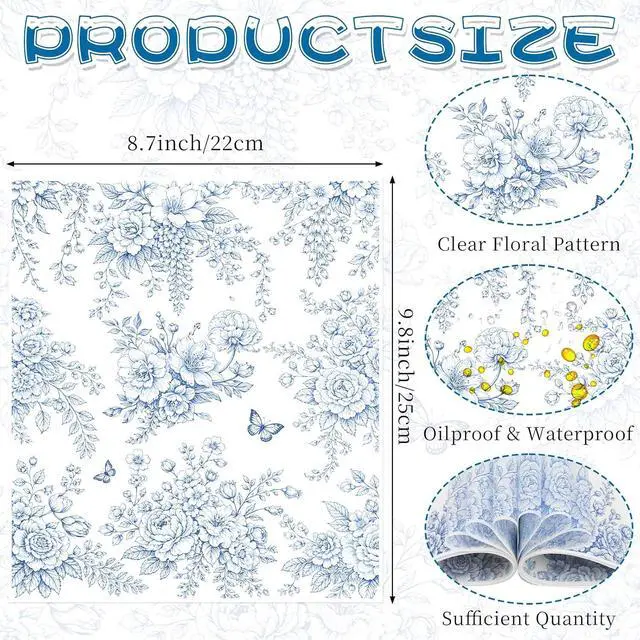 Alt view image 2 of 7 - LOAVER 150 Pcs Blue Floral Wax Paper Sheets for Food,Chinoiserie Flower Greaseproof Wrapping Tissue Deli Parchment Baking Paper for Cookies Picnic Sandwich Liners Kicthen Supplies(8.66 x 9.84 Inch)
