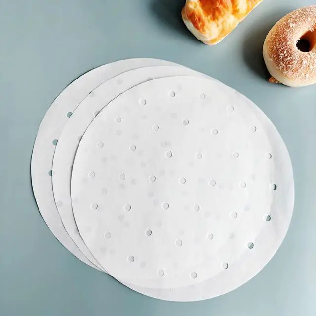 Alt view image 2 of 6 - 100 PCS Bamboo Steamer Liner, 10" Round Air Fryer Parchment Paper with Holes, White Anti-Stick Steamer Paper