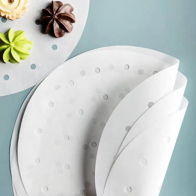 Alt view image 3 of 6 - 100 PCS Bamboo Steamer Liner, 10" Round Air Fryer Parchment Paper with Holes, White Anti-Stick Steamer Paper